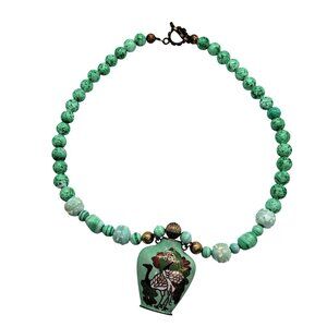Necklace green art glass cloisonne snuff bottle peacock